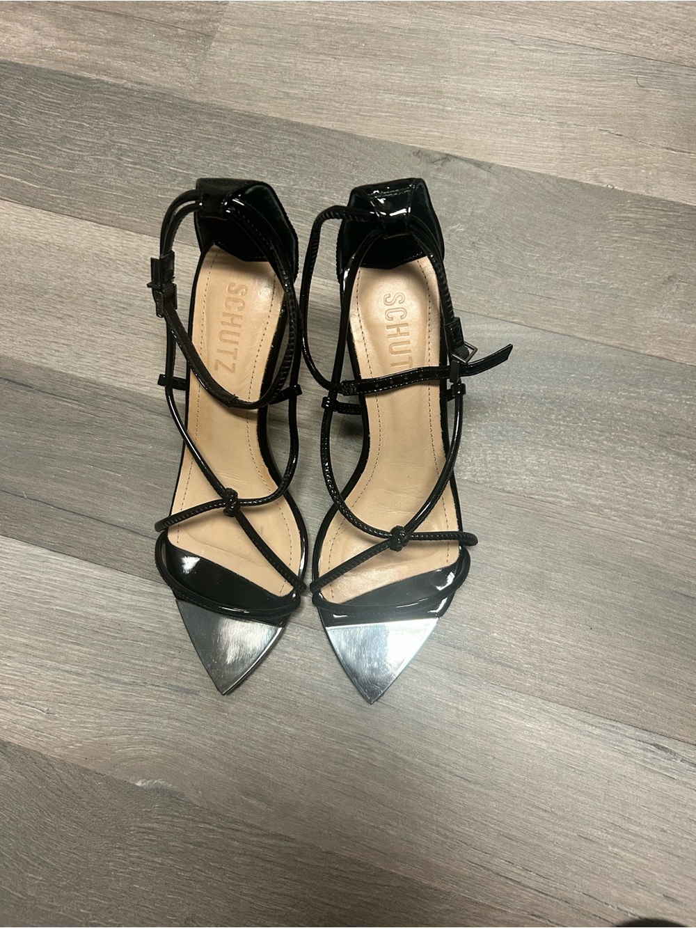 SCHUTZ Black Patent Strappy Pointed Toe Heels with Metallic Tip